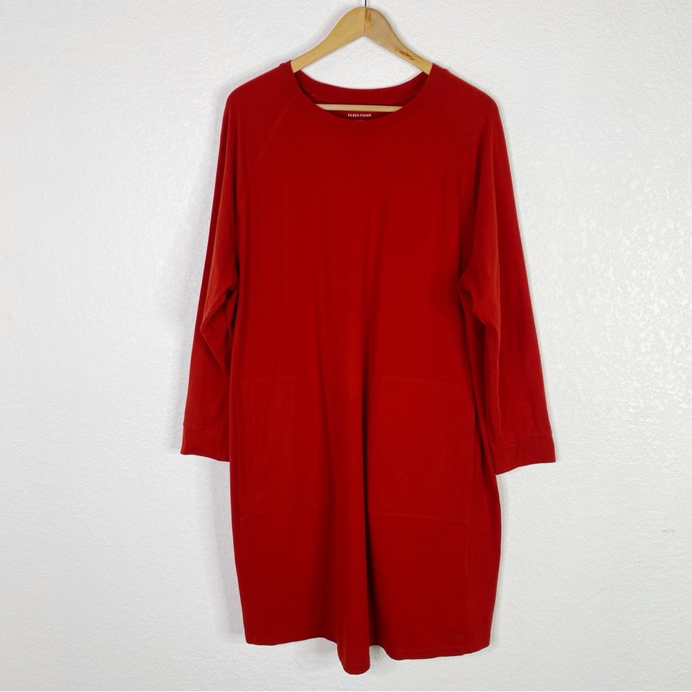 Eileen Fisher Red Organic Cotton Blend Long Sleeve Shift Dress